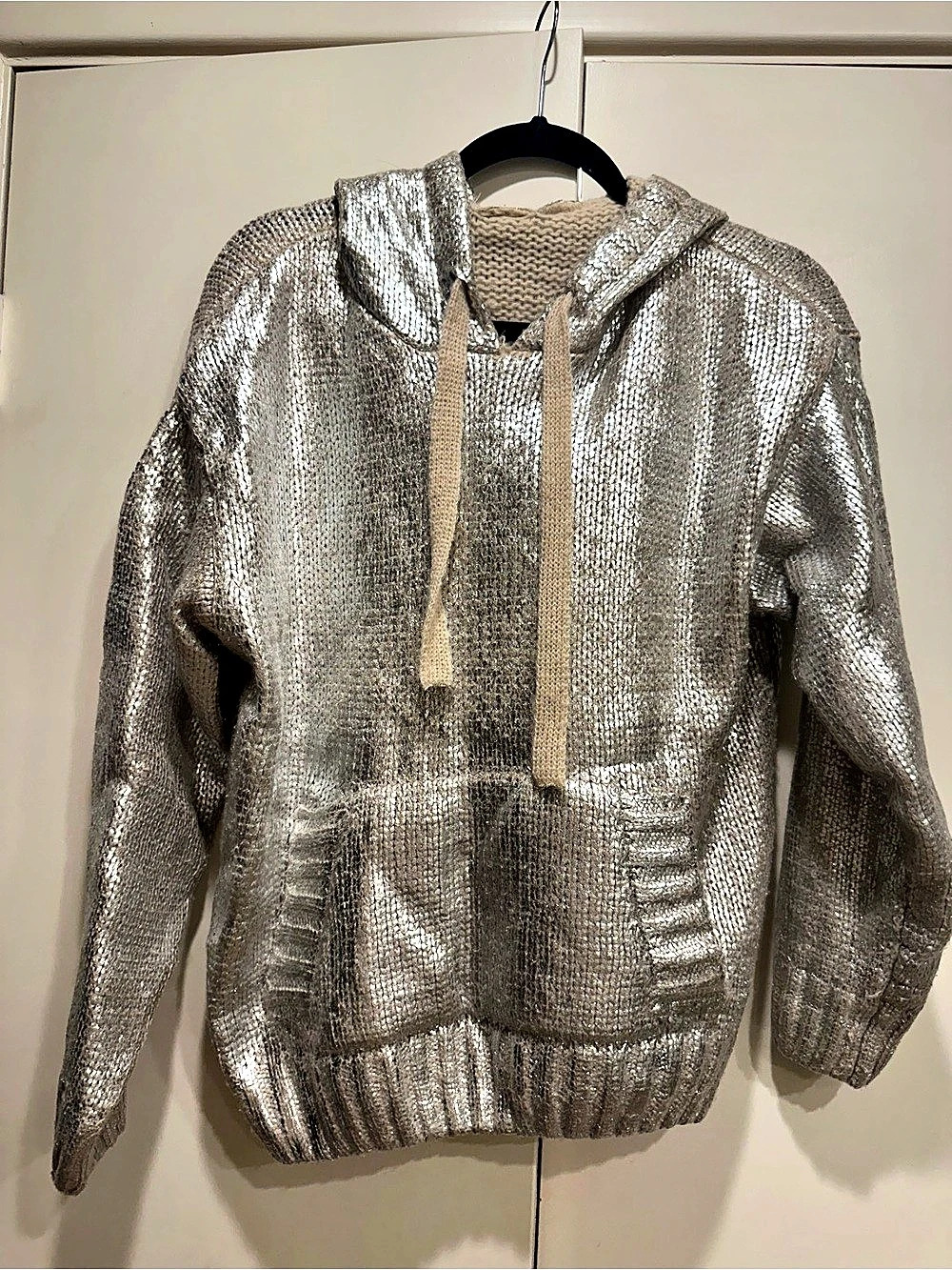 Sunday Up Metallic Hooded Sweater in Silver Like New